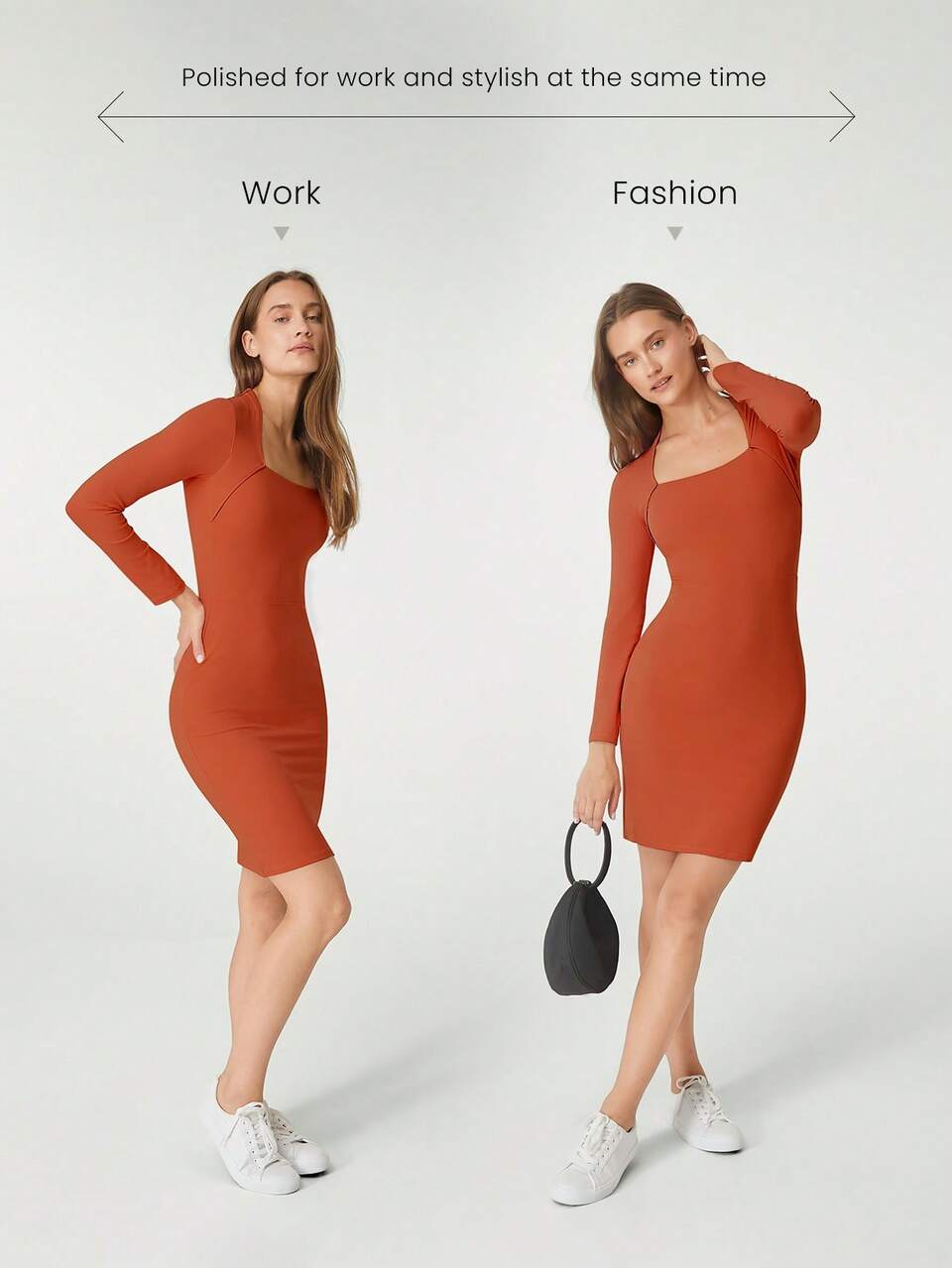 FeatherFit™-Air Slim Fit Envelope Neck Long Sleeve Side Slit Dress Daily Casual Removable Cups