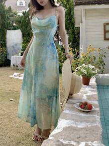 DAZY 女士束腰吊带A字连衣裙，优雅法式沙滩夏季连衣裙，休闲女士复活节游轮装扮 - 綠色 - 查看 3