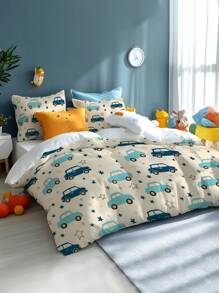2/3pcs Cute Cartoon Car & Star Pattern Printed Washed Microfiber Bedding Set, Soft & Comfortable, Suitable For Bedroom, Guest Room, Children's Room, Parent-Child, Hotel, School Dormitory (Including Pillowcase) - Multicolor - View 6