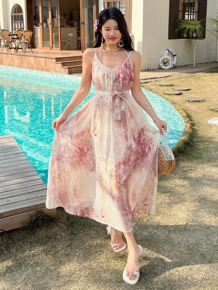 Women's Tie-Dye Print Backless Slip Midi Summer Dress Cruise Women Outfits Sundress Floral Boho