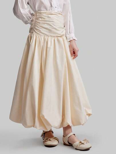 Ontre 复古抽绳低腰溜冰裙，适合少女杏色休闲百搭派对外出长款碎花裙，春夏