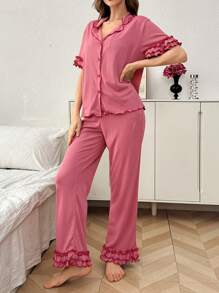 Conjunto de pijama de pantalón y top de doble capa con cuello de volantes y textura de ola en color rosa fucsia, atuendo de estar en casa
