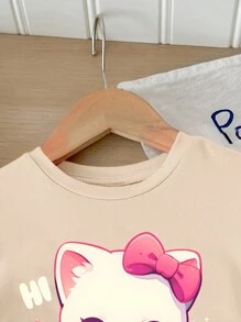 SHEIN Leap Crew 女宝宝休闲简约短袖短裤套装，适合夏季 - 杏色 - 查看 3