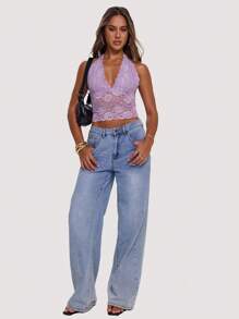 SHEIN BAE Lightweight Purple Lace Backless Halter Neck Sexy Bodycon Top, Elegant & Cute For Summer Vacation, Music Festival, Concerts, Date, Party - Purple - View 6