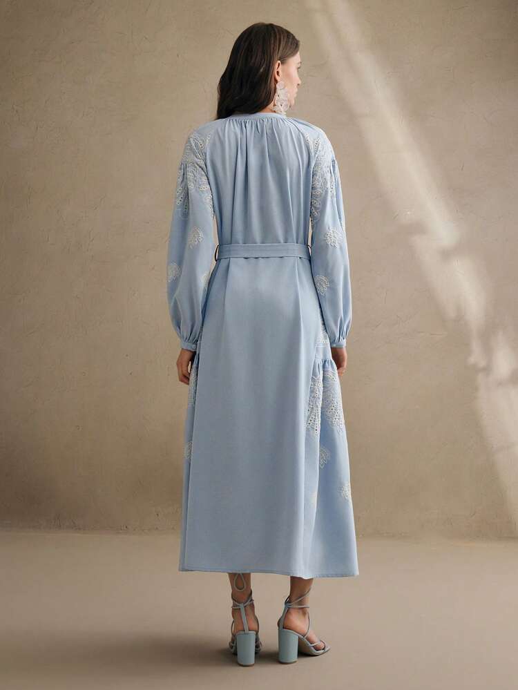 Embroidered Loose Lace-Up Tassels Design Hollow Out Maxi Dress, Boho Spring Outfits For Women