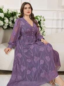 Modelyn Simple Romantic Chiffon Cut-Out V-Neck Lantern Sleeve A-Line Plus Size Casual Dress For Spring/Summer - Purple - View 5