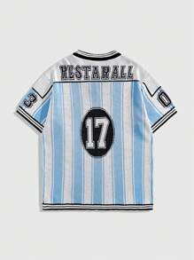 ROMWE MEN Prep Men's Jersey Casual Stripe V-Neck Short Sleeve Knit Tops - Baby Blue - View 2