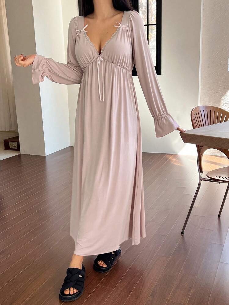 Bowknot Decor Cinched Waist Ruffle Hem Sleepwear Dress, Fall Pajama, Winter