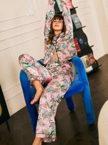 Chillnights 女士时尚热带雨林虎纹印花睡衣套装，适合假日、秋冬季节穿着 - 彩色 - 查看 6