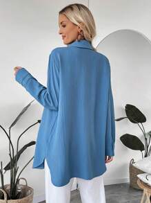 EMERY ROSE Women's Plain Color Long Sleeve Single Breasted Pocket Casual Shirt