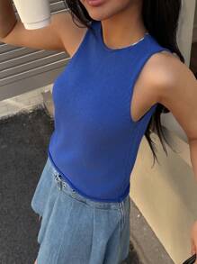 INAWLY Simple Round Neck Sleeveless Knit Top, Casual Daily Wear - Blue - View 3
