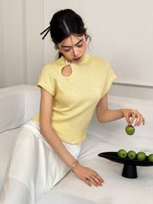 EastFlair 女士纽扣式蝙蝠翼短袖针织上衣 - 黃色 - 查看 4