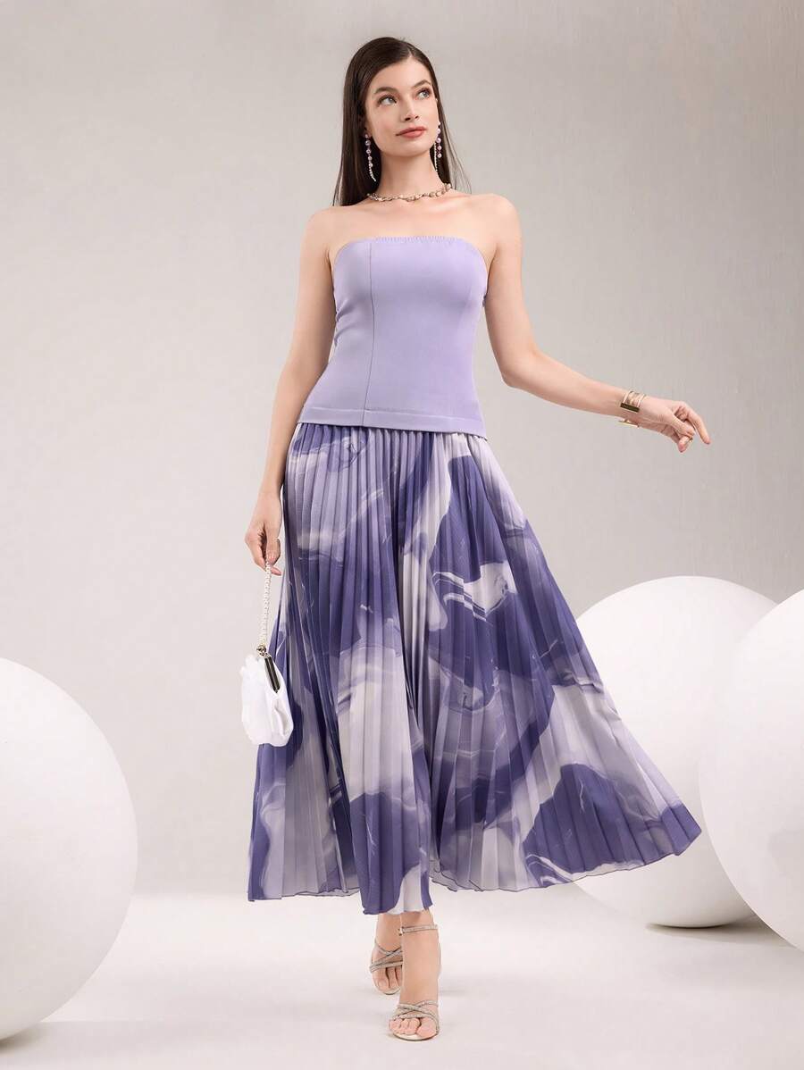 Modelyn Váy xếp ly in họa tiết tie-dye có viền bandeau dành cho nữ - Màu tím - Xem 1