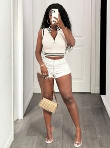 BamGleam Knitted Sleeveless Cropped Women's Sweater Vest, Standing Collar And Black And White Striped Women's Top With Diamond Zipper, Casual And Sexy Spring And Summer Women's Clothing That Meets Basic Travel Needs