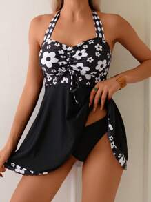 SHEIN 2pcs/Set Random Print & Solid Color Pieced Drawstring Crop Top With Flared Hem & Regular Waist Bikini Bottom, Elegant Swimwear Set, For Summer Beach Vacation - Black and White - View 1