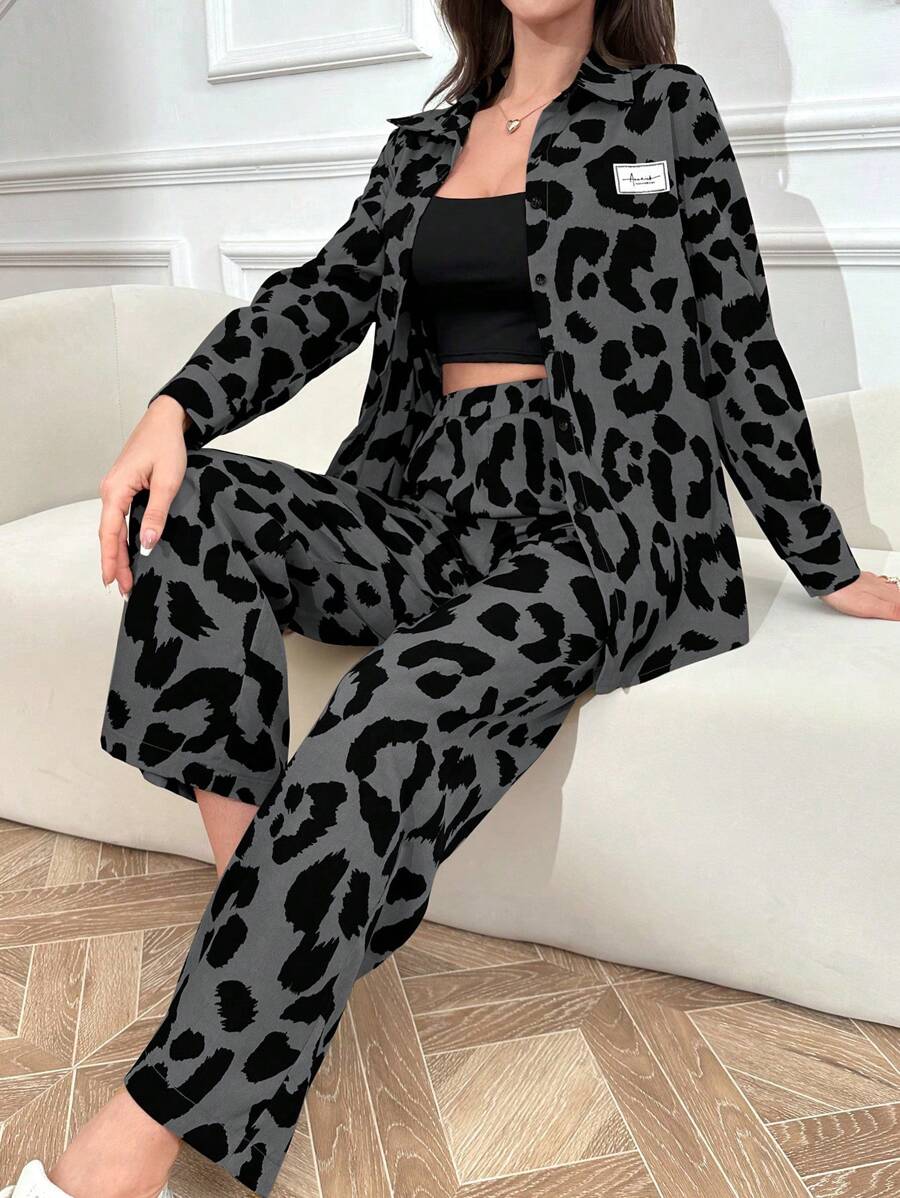 Mulvari 2pcs Women Casual Set: Letter & Leopard Print Long Sleeve Shirt And Pants