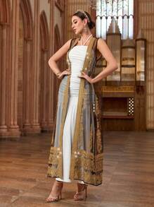 Al Najma 女式拼布丝带和网眼无袖外套和挂脖连衣裙阿拉伯风格套装 - 彩色 - 查看 4