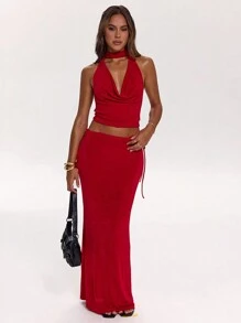 SHEIN BAE Bộ 2 món áo cổ xếp ly hở lưng gợi cảm và chân váy, thanh lịch khi hẹn hò, tiệc độc thân, khách dự tiệc cưới, ngày lễ, kỳ nghỉ ở bãi biển, mùa xuân/hè - Đỏ - Xem 4