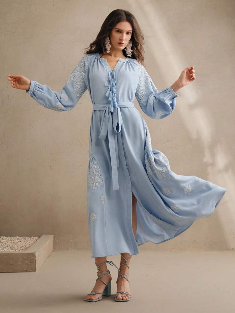 Embroidered Loose Lace-Up Tassels Design Hollow Out Maxi Dress, Boho Spring Outfits For Women