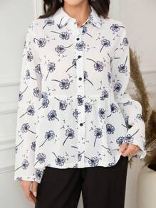 Seusyu 女士蒲公英印花翻领纽扣拼布长袖衬衫