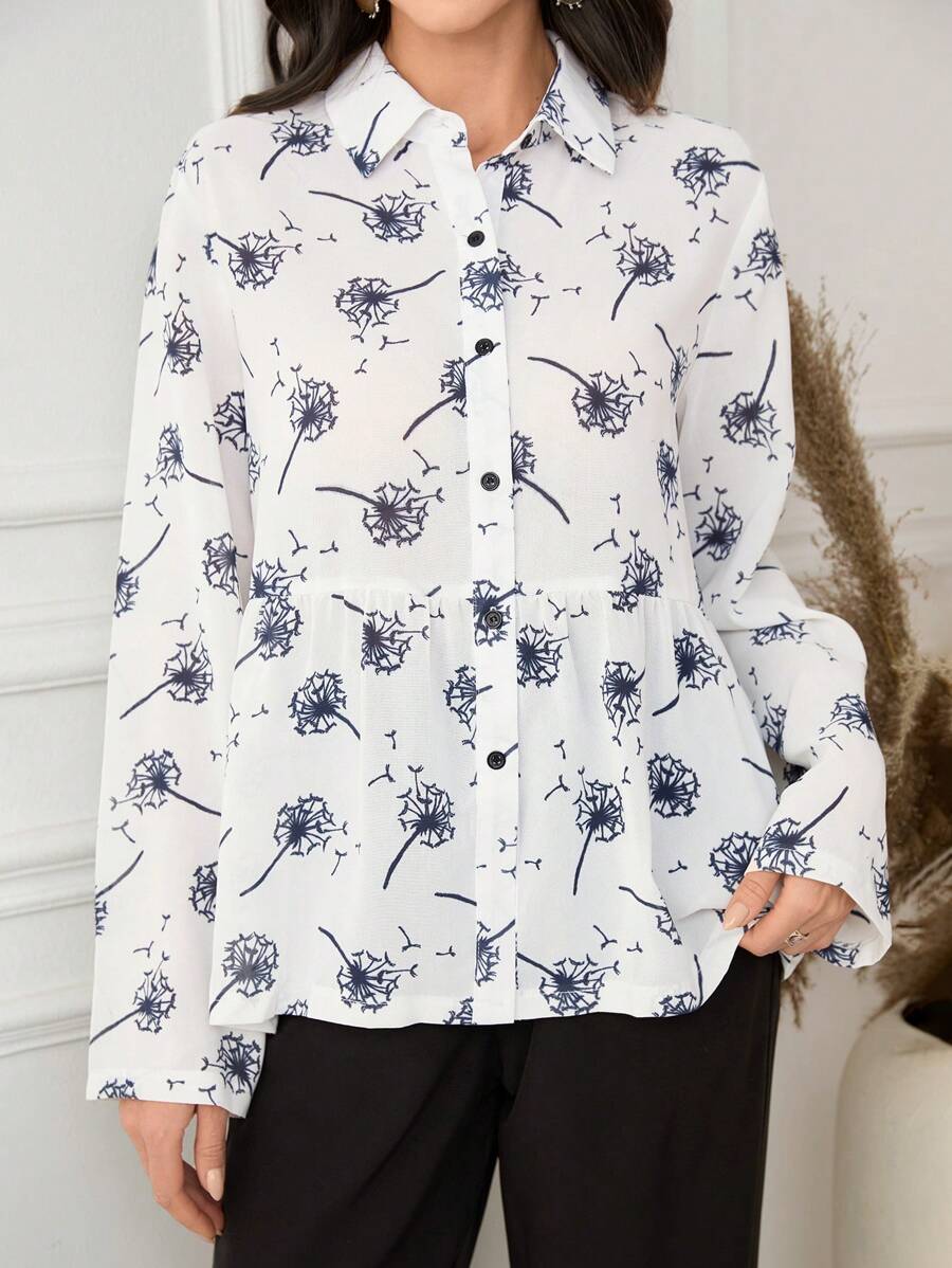 Seusyu 女士蒲公英印花翻领纽扣拼布长袖衬衫