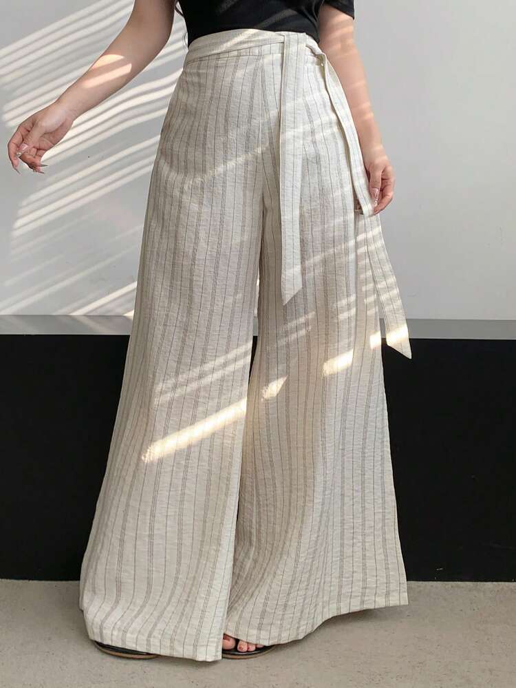 Women's Tied Waist Striped Slit Wide Leg Pants With Bohemian Holiday Vibe Linen