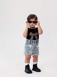 Baby Girl Y2K Star Patch Ripped Raw Hem Jean Skirt,Light Blue And White,Summer,Casual,Vacation Cute Chic Boho Urban Street Elastic Waist Jean Skirt - Light Wash - View 4