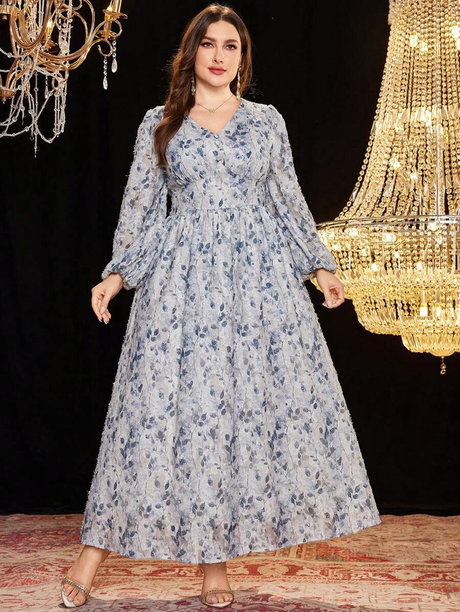 Modelyn Women's Plus Size V-Neck Lantern Sleeve Keyhole Front Cutout Floral Print Elegant Romantic Dress - Multicolor - View 1