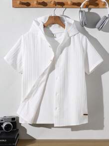 SHEIN Tween 男童休闲韩版纹理面料连帽短袖衬衫，适合通勤、上学、日常休闲、运动装、春夏季 - 白色 - 查看 4