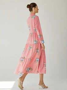 Aveloria Modichic Women Floral & Striped Print Ruffled Hem Long Sleeve Dress - Red - View 2