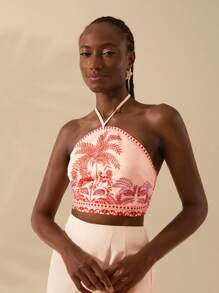 CAJUNI Damen Boho Tropisch Rosa Muster, Urlaubs-Lässig Sommer Strand Neckholder Ultra Cut Top - Verschiedenfarbig - Übersicht 7