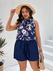 SHEIN VCAY Plus Floral Print Halter Top & Knot Front Summer Shorts,Holiday Outfits Boho - Navy Blue - View 3