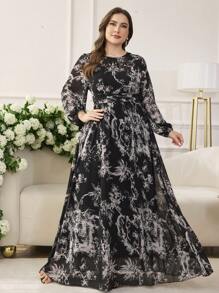 Modelyn Plus Size Women's Fashionable & Elegant Printed Waist-Cinched Flared Dress Fall Cloth For Women - Black - View 5