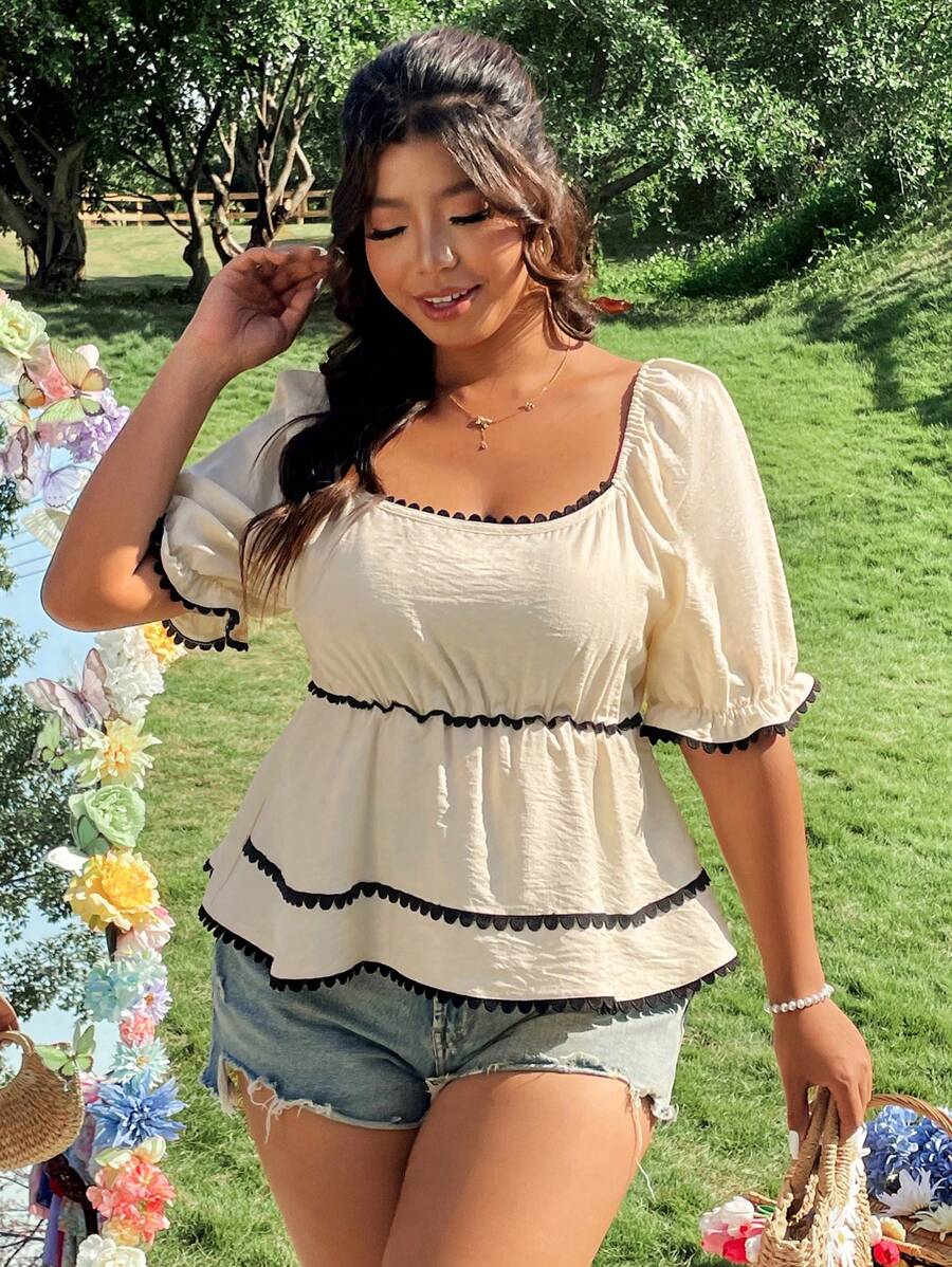 SHEIN LUNE Plus Size Women Contrast Color Tie-Waist Ruffle Hem Short Sleeve Casual Blouse, Slimming - Apricot - View 1