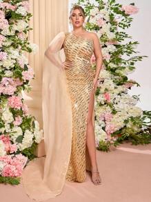 SHEIN X Izzy Darnell Glamrae Váy dự tiệc cưới cỡ lớn thanh lịch gợi cảm vàng cổ bất đối xứng sang trọng sequins nối organza eo cao xẻ cao ôm sát viền đuôi cá, thích hợp cho tiệc cưới lễ kỷ niệm váy dạ hội, váy trang trọng, váy dạ hội - Rượu sâm banh - Xem 2