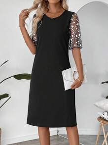 EMERY ROSE Women's Patchwork Pentagram Mesh Short Sleeve Straight Midi Dress Summer Dresses For Women - Black - View 1