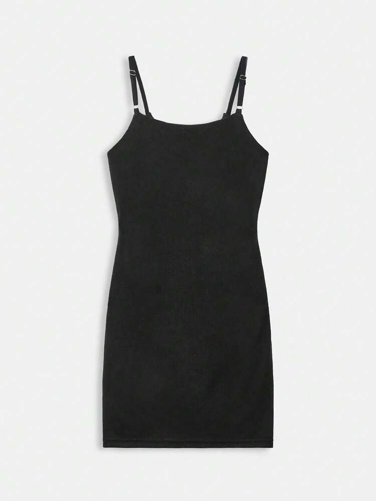 SHEIN Maija 2025 New Summer Women's Business Casual Black Adjustable Metal Buckle Strap, Crossover Metal Stitch Design Bodycon Mini Spaghetti Strap Dress, Simple Versatile Fashion Slip Spaghetti Strap Dress, Suitable For Holiday, Spring Break, St. Patrick's Day