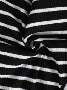 Young Girl 3 Pieces Set: Knit Striped Crew Neck Sleeveless Form-Fitting Casual Tank Top - Black - View 5