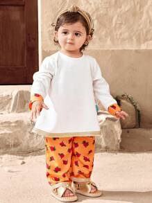 SHEIN 3pcs/Set Girls Floral Print Short Cardigan, Top & Pants Summer Outfit - Orange - View 4