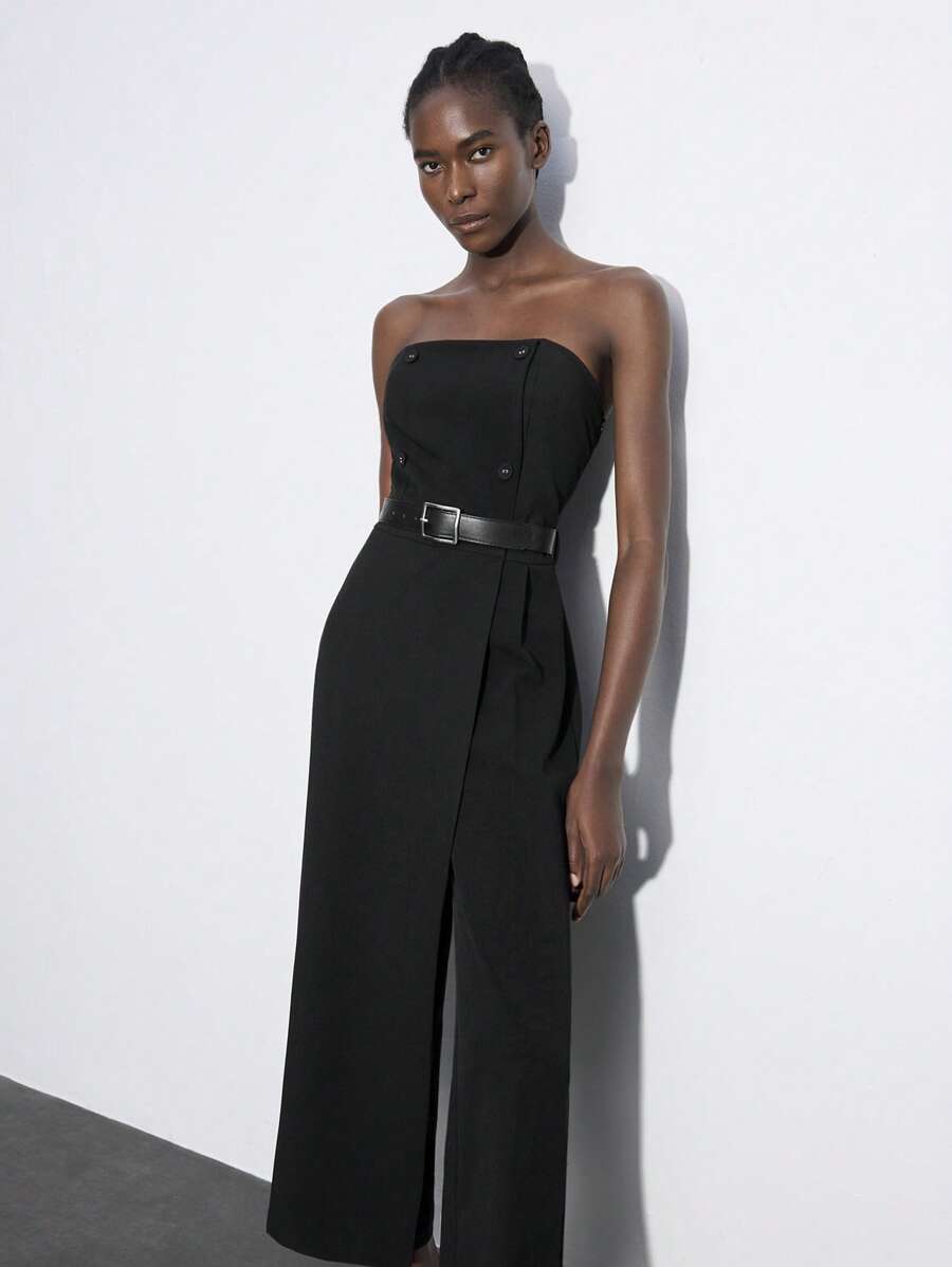 Maija 女士纯色阔腿休闲连体裤 - 黑色 - 查看 1