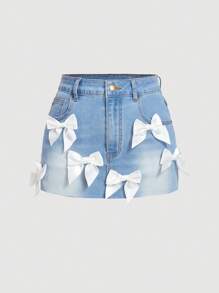 SHEIN MOD 女士蝴蝶结装饰牛仔半身裙 - 淺色水洗藍 - 查看 1