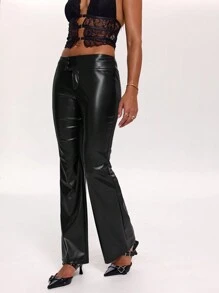 SHEIN BAE 春夏音乐节乡村派对音乐会黑色纯色简约时尚仿皮性感低腰喇叭裤女款 - 黑色 - 查看 4