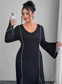 Modelyn Plus Size Elegant Contrast Color Trim Bell Sleeve Midi Dress