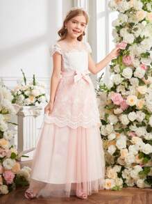 Tween Girls Embroidered Lace Round Neck Charming Ruffled Dress & Bowknot Waist Dress - Pink - View 4