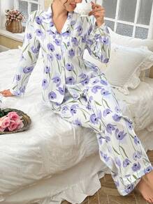 CottageSlumber 2pcs Floral Print Open Front Collar Long Sleeve Top & Long Pants Pajamas Set Holiday Season, Fall Clothes  Cozy And Elegant Details - White - View 1