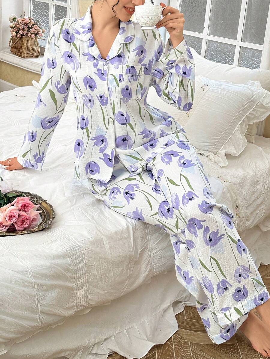 CottageSlumber 2pcs Floral Print Open Front Collar Long Sleeve Top & Long Pants Pajamas Set Holiday Season, Fall Clothes  Cozy And Elegant Details - White - View 1
