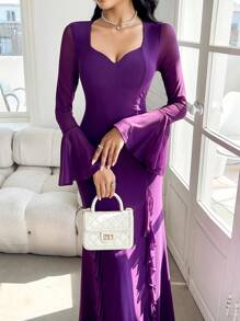 Modelyn Vestido lila de mujer elegante con mangas acampanadas y volantes en el bajo