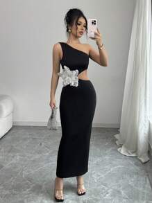 Elenzga Vestido ajustado con perlas caladas y escamas, vestido de punto floral bordado glamoroso de longitud hasta el suelo