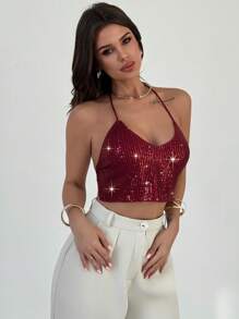 Firerie Elegant Sexy Halter Neck Backless Sequin Sleeveless Cami Crop Top, Party, Motorcycle, Clubwear Style, Burgundy Red Concert Rave Women - Burgundy - View 7