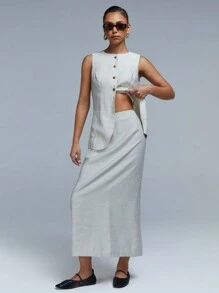 Athîral Women Stone High Waist Straight  Linen Look Midi Skirt - Apricot - View 1